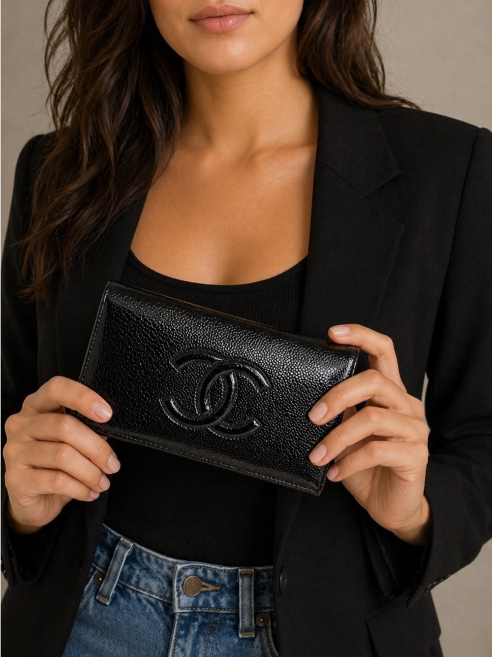 CHANEL Black Quilted Caviar Leather Yen Wallet